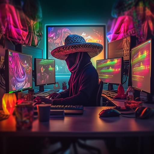realistic photo of a 37 year old Mexican covering face with mask and wearing mariachi sombrero, netrunner working in a room surrounded by computers and monitors. Color grading. Edited photography. Accent lighting. Reflections. Vapor wave. Glowing. Shadows. Lumen reflections. Shaders. SSAO. --s 500 --v 5.1