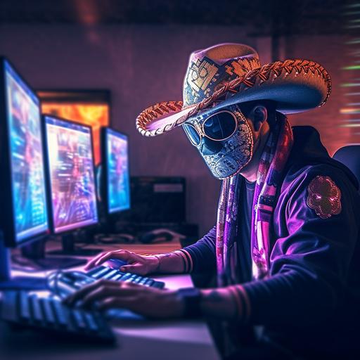 realistic photo of a 37 year old Mexican covering face with mask and wearing mariachi sombrero, netrunner working in a room surrounded by computers and monitors. Color grading. Edited photography. Accent lighting. Reflections. Vapor wave. Glowing. Shadows. Lumen reflections. Shaders. SSAO. --s 500 --v 5.1