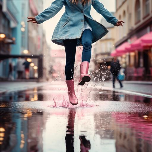 realistic photo of a 37 year old woman jumping in the rain, with pink rain boots, a puddle of water with reflection, urban scenery, pink and blue colors