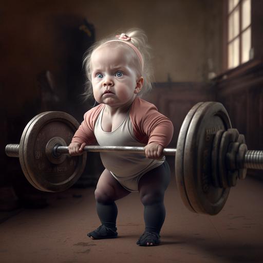 realistic photo of a baby girl lifting weights at the gym