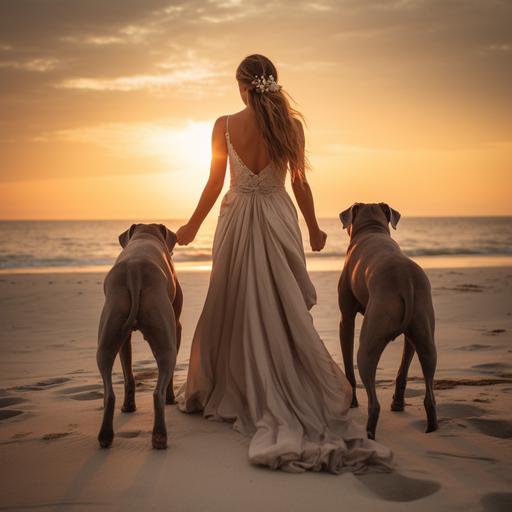 realistic photo of a bride with her back turned on a beach with a sunset alongside one brown cane corso dog and one grey cane corso dog.