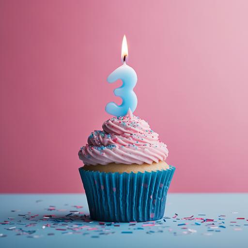 realistic photo of a cupcake in pink and blue colors, with a number 3 candle, pink and blue birthday party themed backdrop
