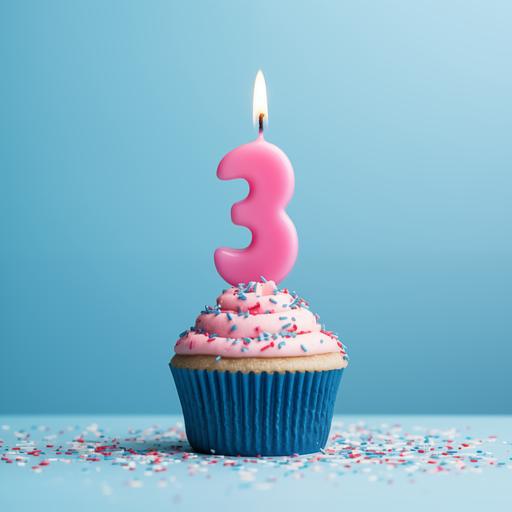 realistic photo of a cupcake in pink and blue colors, with a number 3 candle, pink and blue birthday party themed backdrop