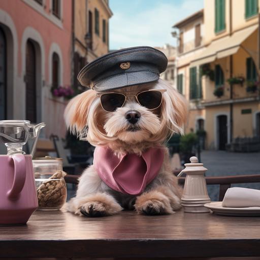 realistic photo of a dog with glasses and aviator hat, on a table in Italy, next to a blank sign, urban scenery, pink and blue colors
