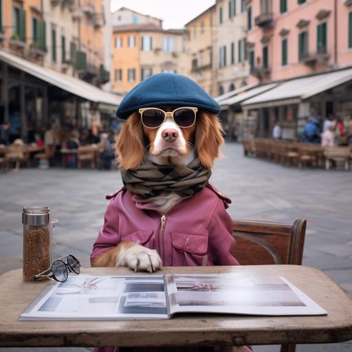 realistic photo of a dog with glasses and aviator hat, on a table in Italy, next to a blank sign, urban scenery, pink and blue colors on a gray day