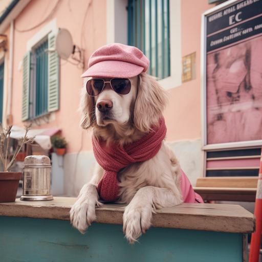 realistic photo of a dog with glasses and aviator hat, on a table in Italy, next to a blank sign, urban scenery, pink and blue colors