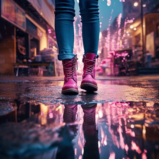 realistic photo of a happy 37 year old woman in the rain, with pink rain boots, a puddle of water with reflection, urban scenery, pink and blue colors