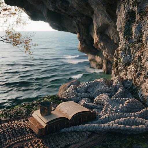 realistic photo of a natural sitting place carved out on top of a low cliff facing the ocean, padded with a thick blanket. Next to it is a well-read book, lying open, a travelling mug. Overall scene is very beautiful and peaceful