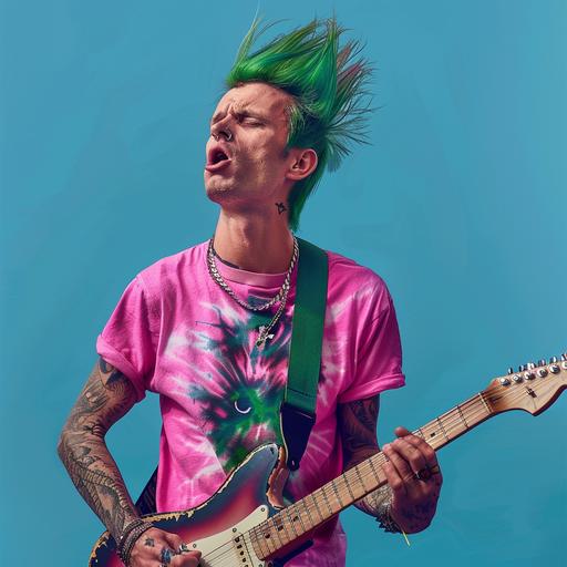 realistic photo of a punk rock star with green mohican, tie-dyed pink tshirt, singing and playing a guitar, with a plain blue background, photorealistic portrait