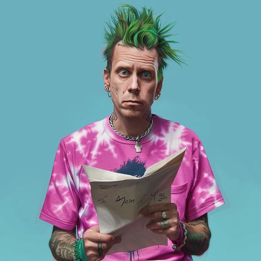 realistic photo of a punk rock star with green mohican, tie-dyed pink tshirt, holding a letter that he is reading direct to camera, with a plain blue background, photorealistic portrait