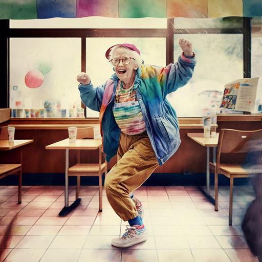 realistic photo of a watercolour rainbow grandma dancing hip hop in macdonalds