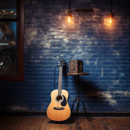 realistic photo of acoustic guitar next to a microphone stand in a cafe. The walls are brick and the curtains are blue
