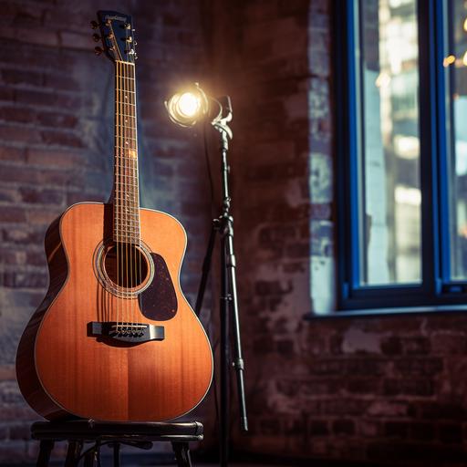 realistic photo of acoustic guitar next to a microphone stand in a cafe. The walls are brick and the curtains are blue
