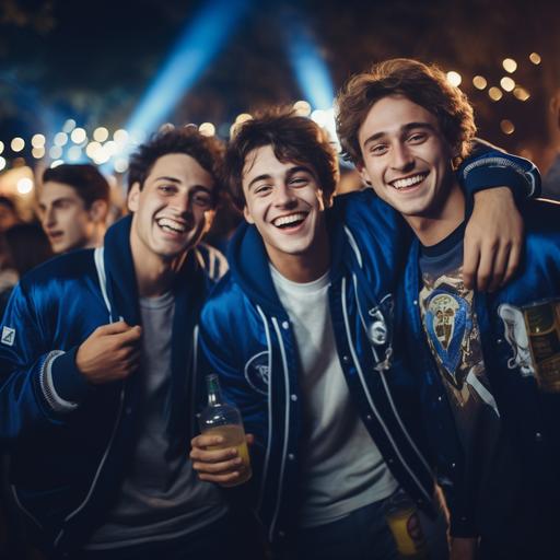 realistic photo of college 3 frat guys partying in blue varsity jackets smiling at night party, blurred background with people, realistic photography