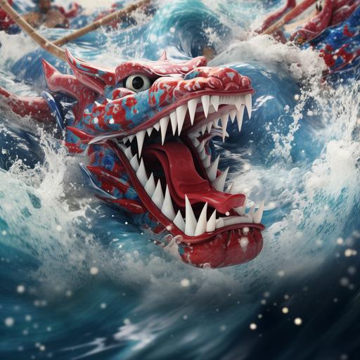 realistic photo of dragon boat race in blue red and white color