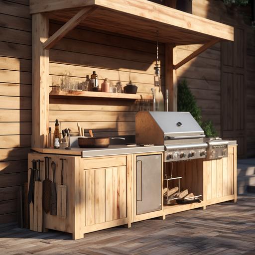 realistic photo of outdoor kitchen made from pine and marble with a grill, fosset, sink, and a fridge