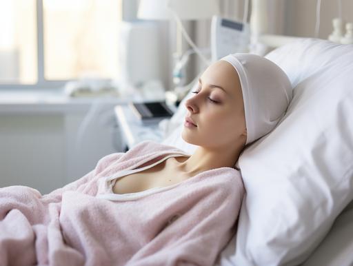 realistic photo of sleeping cancer patient with alopecia in hospital bed --ar 4:3