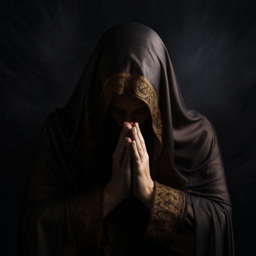 realistic photo of someone praying, no face black background,