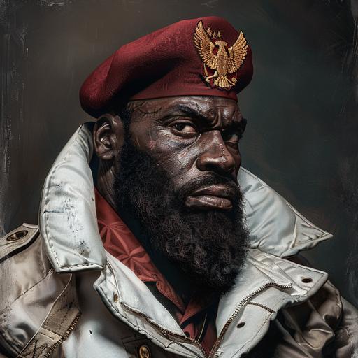 realistic photo of the phantom of a black communist leader, bearded, wearing a red beret with gold eagle sign and a white overcoat. undead vibes.
