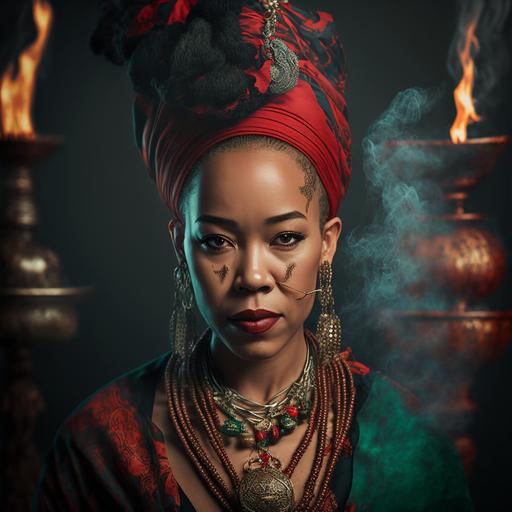 realistic photo of voodoo priestess Marie Laveau realistic 8k beautiful black woman voodoo all red clothing traditional voodoo veve bone necklace bones jewelry fire and red smoke african Background, beautiful african face paint, with rooster, no painting, no sketch, DMT Reality rule of thirds, cinematic lighting, 4k epic detailed 4k epic detailed photograph shot on kodak detailed bokeh cinematic hbo photorealistic –ar 2:3 –testp,hyper-detailed, insanely detailed, corona render, octane render, 8k --v 4