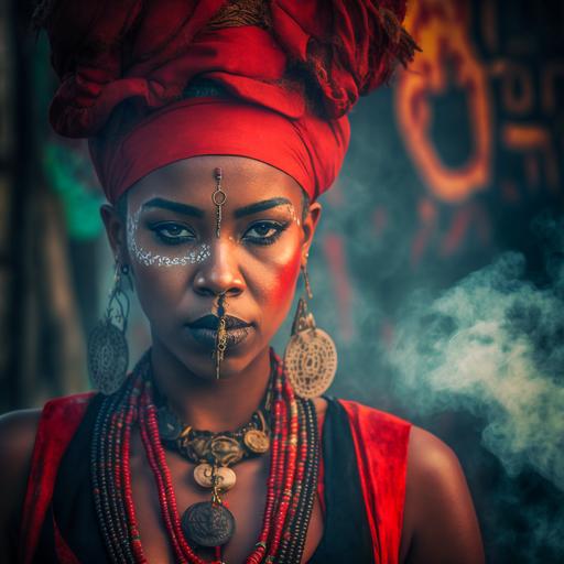 realistic photo of voodoo priestess Marie Laveau realistic 8k beautiful black woman voodoo all red clothing traditional voodoo veve bone necklace bones jewelry fire and red smoke african Background, beautiful african face paint, with rooster, no painting, no sketch, DMT Reality rule of thirds, cinematic lighting, 4k epic detailed 4k epic detailed photograph shot on kodak detailed bokeh cinematic hbo photorealistic –ar 2:3 –testp,hyper-detailed, insanely detailed, corona render, octane render, 8k --v 4