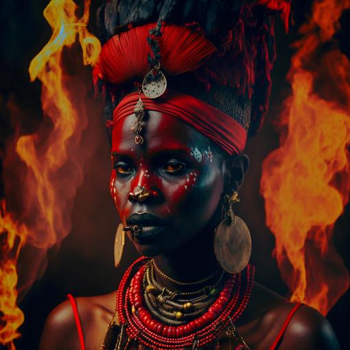 realistic photo of voodoo priestess realistic 8k beautiful black woman voodoo all red clothing traditional voodoo veve bone necklace bones jewelry fire and red smoke african Background, beautiful african face paint, with rooster, no painting, no sketch, DMT Reality rule of thirds, cinematic lighting, 4k epic detailed 4k epic detailed photograph shot on kodak detailed bokeh cinematic hbo photorealistic –ar 2:3 –testp,hyper-detailed, insanely detailed, corona render, octane render, 8k --v 4