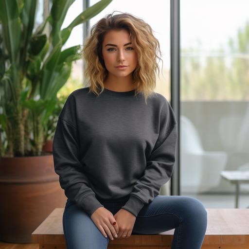 realistic photo of woman wearing a blank Charcoal color heathered Gildan 18000 sweatshirt and jeans sitting on a modern couch with a window with bright natural light in the background and greenery