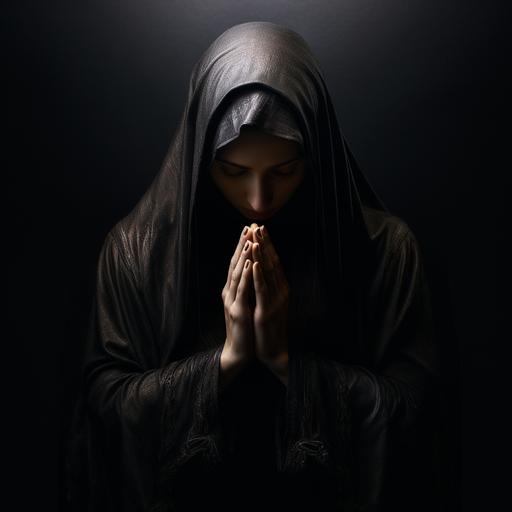 realistic photo someone praying, no face black background,