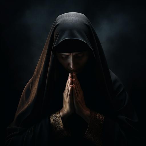 realistic photo someone praying, no face black background,