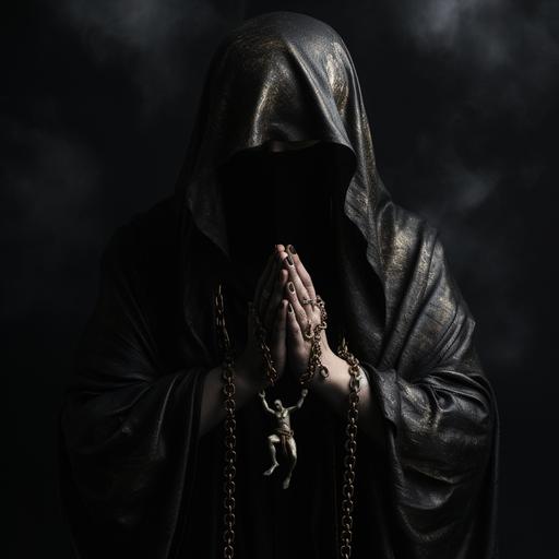 realistic photo someone praying, no face black background, with slight image of the cross, rosary