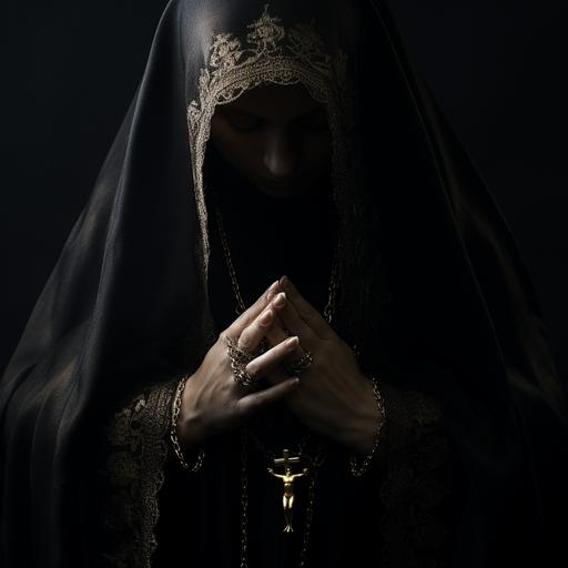 realistic photo someone praying, no face black background, with slight image of the cross, rosary