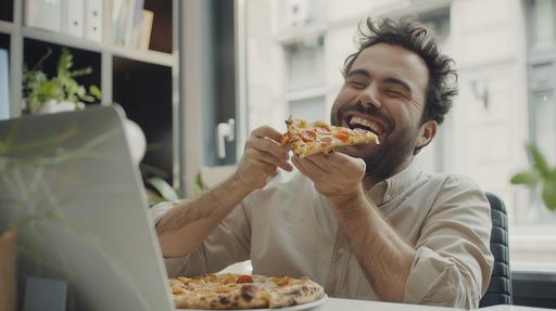 realistic photo, street photography style, of a handsome 35yr old man, sitting at his desk in daytime, beige shirt, very happy, taking a bite of pizza --ar 16:9