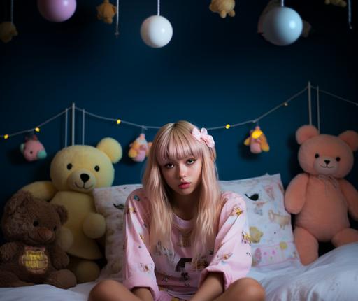 realistic photo. Cross legged LOFI GIRL with blonde fringe hair bangs and long blonde hair in pigtails, is a BROWN SKINNED FILIPINA teen girl dressed kawaii pastel HARAJUKU style. She is sitting cross legged on her bed with stuffed animals. She has headphones on. Plaid mini skirt. Lollipop. Full body photo at desk. --v 5.2 --style raw