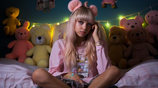realistic photo. Cross legged LOFI GIRL with blonde fringe hair bangs and long blonde hair in pigtails, is a BROWN SKINNED FILIPINA teen girl dressed kawaii pastel HARAJUKU style. She is sitting cross legged on her bed with stuffed animals. She has headphones on. Plaid mini skirt. Lollipop. Full body photo at desk. --ar 16:9 --v 5.2 --style raw