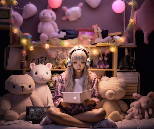 realistic photo. Cross legged LOFI GIRL with blonde fringe hair bangs and long blonde hair in pigtails, is a BROWN SKINNED FILIPINA teen girl dressed kawaii pastel HARAJUKU style. She is sitting cross legged on her bed with stuffed animals. She has headphones on. Plaid mini skirt. Lollipop. Full body photo at desk. --v 5.2 --style raw