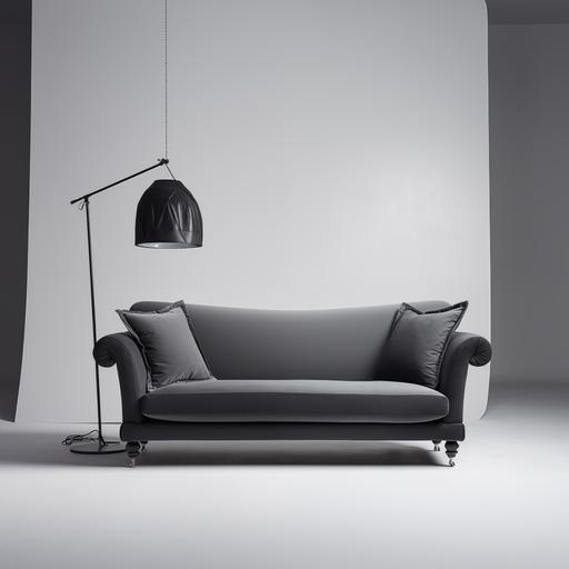realistic photo. white light studio background. dark grey fabric sofa. with legs