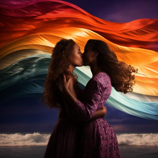realistic photograph combination of waves, island life and LGBTQ rainbow flag and silhouettes of two women kissing