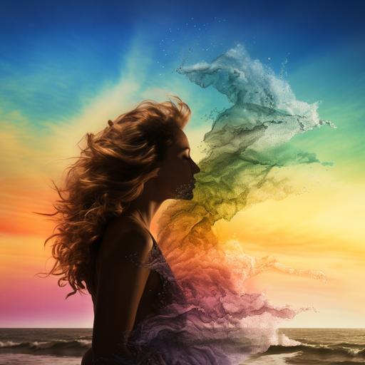 realistic photograph combination of waves, island life and LGBTQ rainbow flag and silhouettes of two women kissing