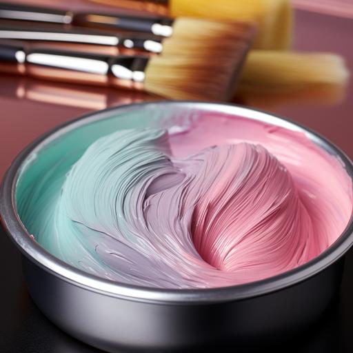 hyper realistic photograph hair dye brush with bowl of paint for hair in beauty salon, pastel tones