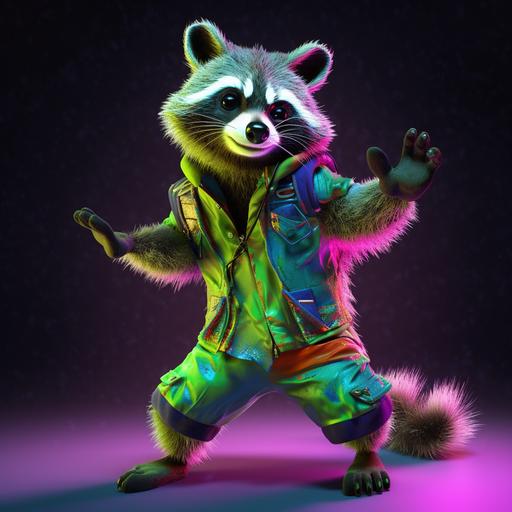 realistic photograph happy silly dancing racoon forest critter in rave costume rainbow neon gel lighting, led glow flow toys, dancing, impressive high def octane render, ultra realistic, neon lighting, edc raver forest creature costume --v 5