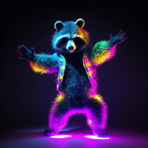 realistic photograph happy silly dancing racoon forest critter in rave costume rainbow neon gel lighting, led glow flow toys, dancing, impressive high def octane render, ultra realistic, neon lighting, edc raver forest creature costume --v 5