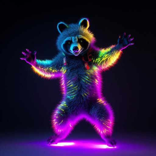 realistic photograph happy silly dancing racoon forest critter in rave costume rainbow neon gel lighting, led glow flow toys, dancing, impressive high def octane render, ultra realistic, neon lighting, edc raver forest creature costume --v 5