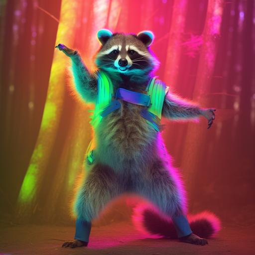 realistic photograph happy silly dancing racoon forest critter in rave costume rainbow neon gel lighting, led glow flow toys, dancing, impressive high def octane render, ultra realistic, neon lighting, edc raver forest creature costume --v 5