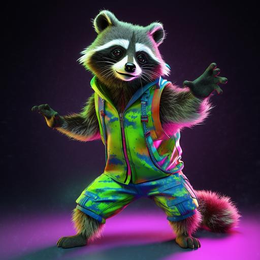 realistic photograph happy silly dancing racoon forest critter in rave costume rainbow neon gel lighting, led glow flow toys, dancing, impressive high def octane render, ultra realistic, neon lighting, edc raver forest creature costume --v 5