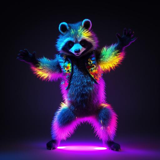 realistic photograph happy silly dancing racoon forest critter in rave costume rainbow neon gel lighting, led glow flow toys, dancing, impressive high def octane render, ultra realistic, neon lighting, edc raver forest creature costume --v 5