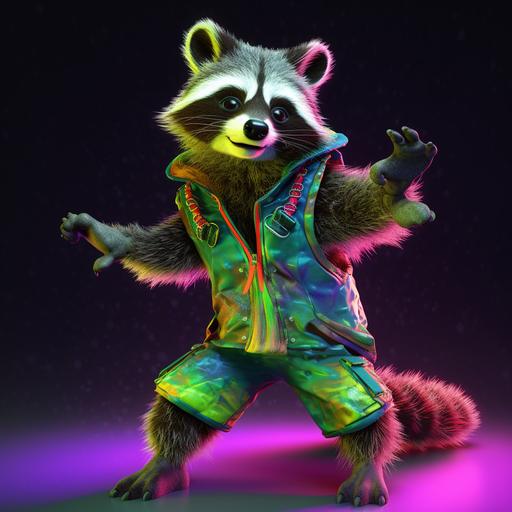 realistic photograph happy silly dancing racoon forest critter in rave costume rainbow neon gel lighting, led glow flow toys, dancing, impressive high def octane render, ultra realistic, neon lighting, edc raver forest creature costume --v 5