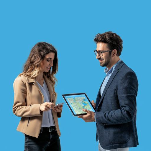realistic photograph looking across two office workers conversing over a tablet that shows a map, day light, high defintion, ultra realistic, plain blue background, depth of field, –style raw