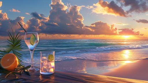 realistic photograph of a beautiful beach in Hawaii, just before sunset, some small cumulus clouds, a modern bar, cocktail glasses, a few small waves --ar 16:9 --v 6.0