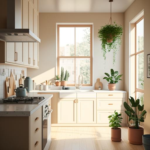 realistic photograph of a kitchen interior. the kitchen has a high ceiling, a kitchen island with a bamboo countertop. the sink is beneath a north-facing window surrounded by plants. the cabinets are plywood and the wall color is warm white.