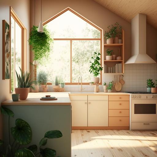 realistic photograph of a kitchen interior. the kitchen has a high ceiling, a kitchen island with a bamboo countertop. the sink is beneath a south-facing window surrounded by plants. the cabinets are plywood and the wall color is warm white.